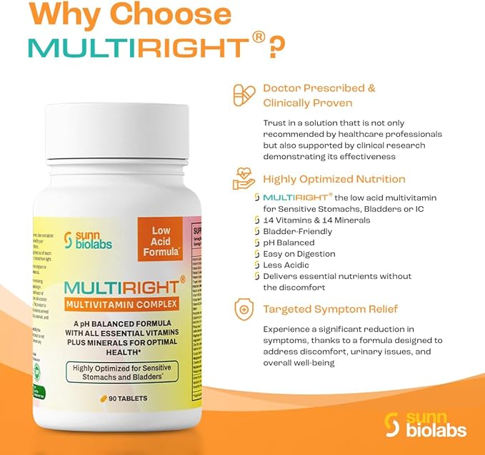 MULTIRIGHT | LOW ACID MULTIVITAMIN for Sensitive Stomachs, Bladders or IC | 14 Vitamins & 14 Minerals | Bladder-Friendly, pH Balanced | Easy on Digestion-Less Acidic | Buffered Vitamin C | 270 Tab (3)