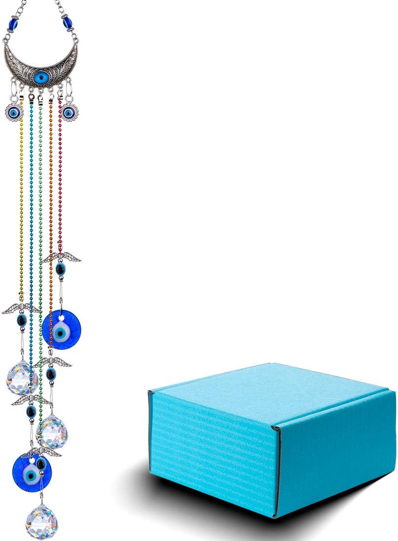 20inch Blue Evil Eye Hanging Crystals Suncatcher Ornament with Chakra Energy Crystal Ball Prism Pendant Rainbow Maker for Home Decor Protection