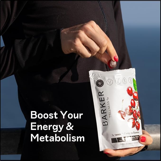 Barker Wellness Vitamin B-Complex Gummies | Energy & Metabolism Support | B1, B5, B6, B7, B9, B12 | Vegan, Sugar-Free | Cherry Flavor | 30 Gummies