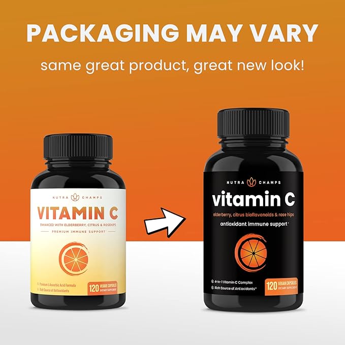 NutraChamps Vitamin C 1000mg with Rose HIPS, Vitamin C Supplement with Elderberry & Citrus Bioflavonoids, Kids Immune Boosting Supplement, 500mg Vitamin C Capsules Pill