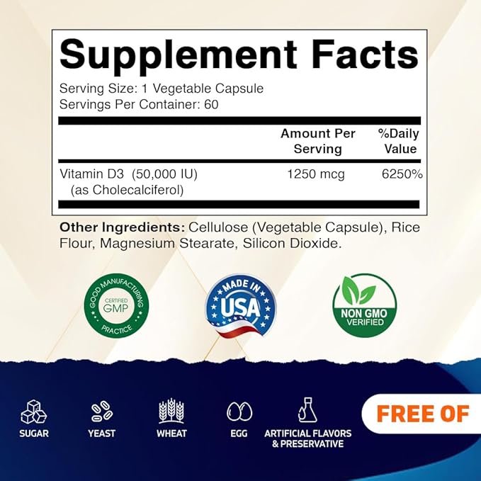 Vitamatic Vitamin D3 50,000 IU (as Cholecalciferol), Once Weekly Dose, 1250 mcg, 60 Veggie Capsules 1 Year Supply, Progressive Formula Helping Vitamin D Deficiencies (60 Count (Pack of 1))