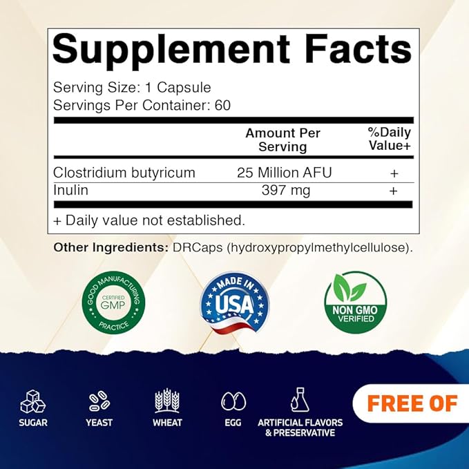 Vitamatic Clostridium butyricum 25 Million - Gut Health - 60 DR Capsules (Delayed Released) - Made with Prebiotic Inulin Fiber
