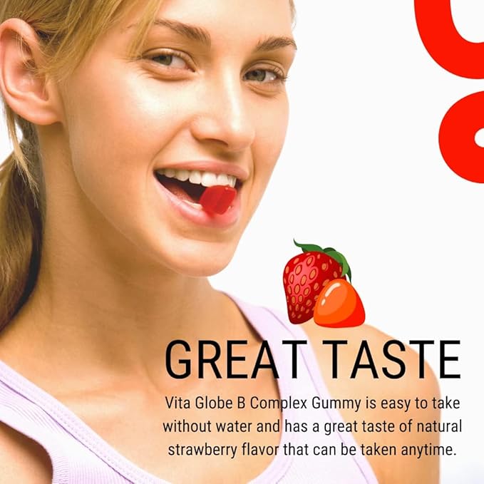 B Complex Gummy Vitamins - Strawberry Flavor with Vitamin C, Niacin, B6, B12 & Biotin for Energy, Heart Health and Brain Support, 60 Count (Pack of 1)