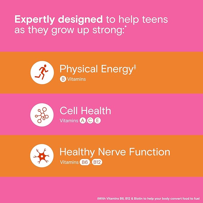 One A Day Teen Girl’s Daily Essentials Multivitamin Gummies, Teen Girl Multivitamins with Biotin, Vitamin B12 and B6, Vitamin C, Raspberry Natural Flavor, 120 Gummies