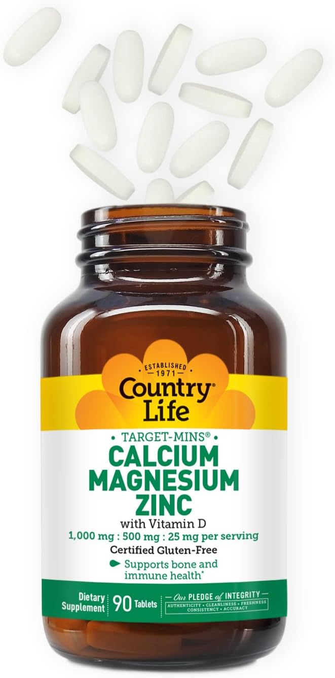 Country Life Calcium Magnesium Zinc with Vitamin D3 and L-Glutamic Acid, Dietary Supplement for Bone Support, Certified Gluten Free, 1000mg/500mg/25mg, 90 Tablets