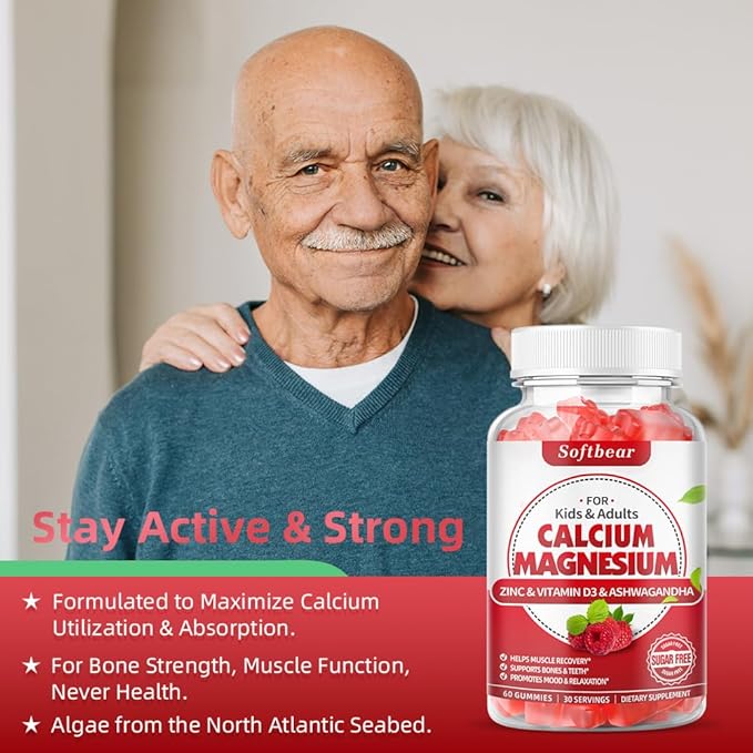 softbear Calcium Magnesium Zinc Gummies for Women, Calcium Magnesium Supplement High Absorption Calcium Gummies with Vitamin D3 for Bone Strength Vegan Raspberry Flavor 120 Gummies