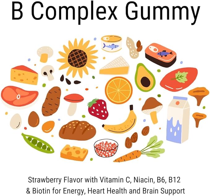 B Complex Gummy Vitamins - Strawberry Flavor with Vitamin C, Niacin, B6, B12 & Biotin for Energy, Heart Health and Brain Support, 60 Count (Pack of 1)