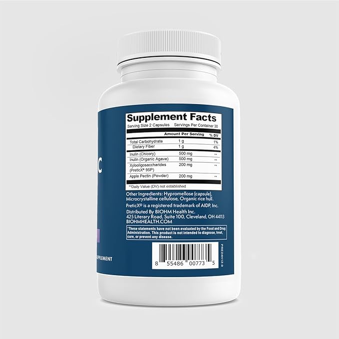 BIOHM Prebiotic Fiber Supplement (60 Capsules) 4 Diverse Dietary Fibers to Support Probiotic Environment, Helps Improve Gut Health and Immune System, Includes Inulin & Apple Pectin Powder