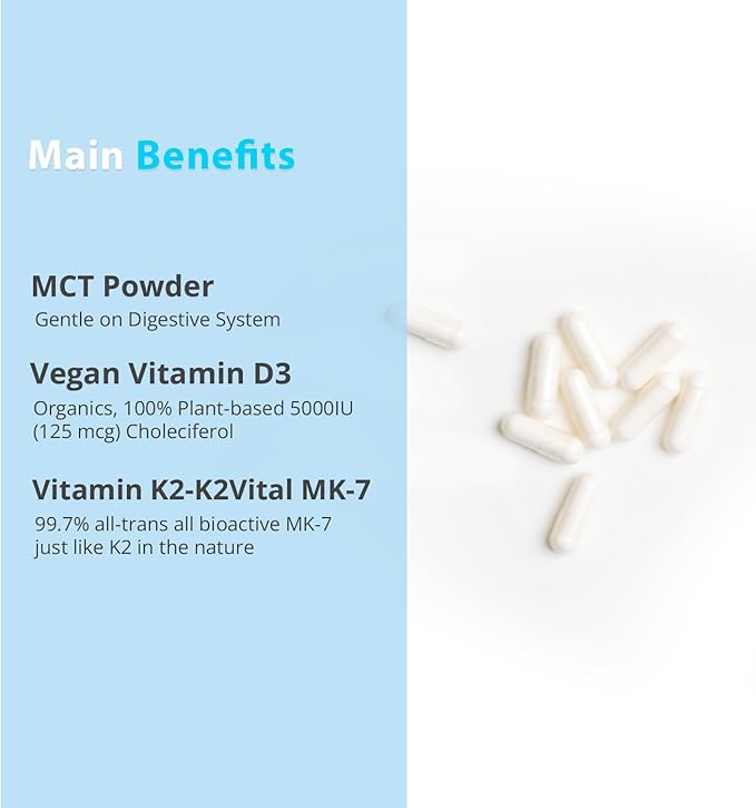 Vitamin D3 K2 with MCT, 5000 IU Vegan D3 & 100 mcg MK7 K2, Support Strong Bones and Immune Health - 60 Capsules (60 Days Supply)