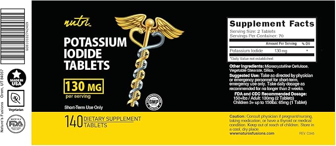 Potassium Iodide Tablets (Pack of 2) 130mg - 280 Tablets EXP 10/2032 - YODO Naciente - KI Pills - Yoduro de Potasio - Nutri Supplements