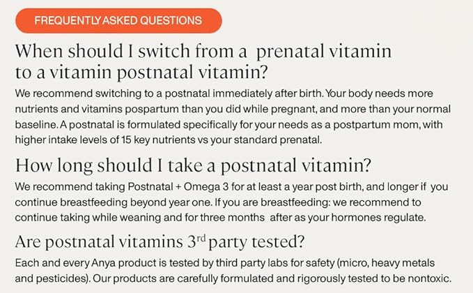 ANYA Postpartum Multivitamin, Postnatal Vitamin for Women Breastfeeding, 30 Capsules - Vitamins A, C, D3, Zinc, B12, Biotin, Folate and Iron - 100% Vegan, Non-GMO, Gluten Free, Baby Shower Gifts