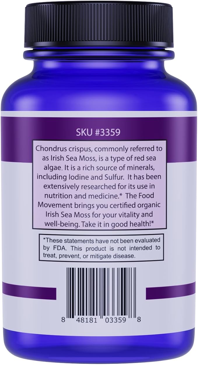 Irish Sea Moss, Organic Prebiotic Food, Over 70 Trace Minerals, Supports Healthy Elimination, Digestion and Immune Support 120 Vegan Capsules