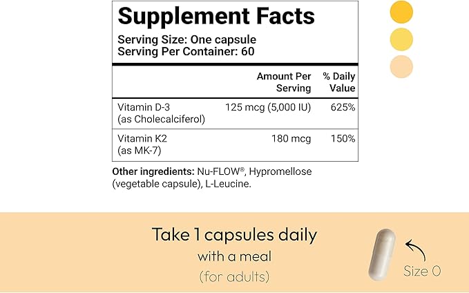 Mida Health® D3 K2 Vitamin 5000 IU with MK-7 | Natural Supplement for Bone, Heart, and Immune Support | Adult Vegan Capsules | 60 Servings