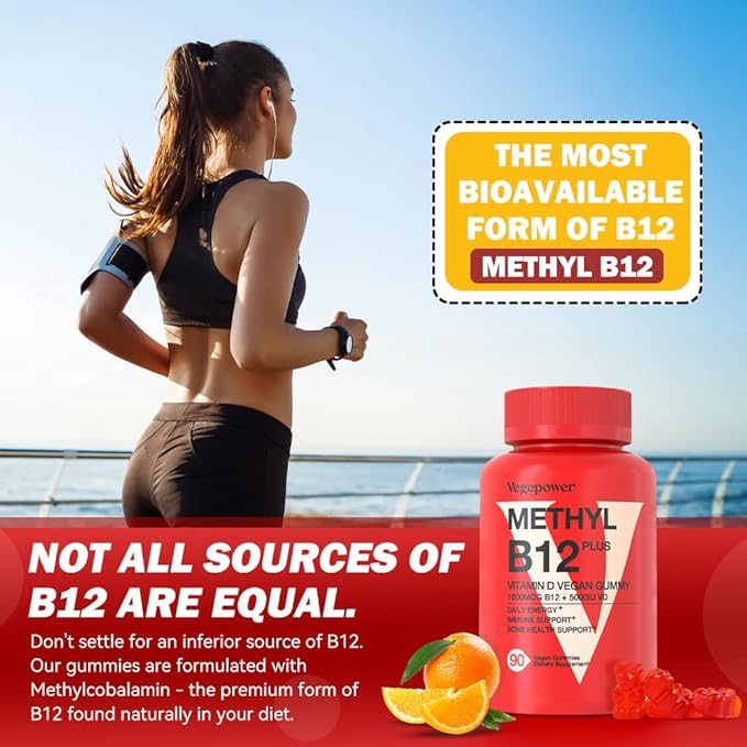Vitamin B12 1000 mcg Gummies for Adults - Vegan Methyl B12 & D3 5000 IU Vitamin Gummy Supplements for Women - Supports Bone Health & Energy Boost - Non-GMO, Orange Flavor 180 Bears