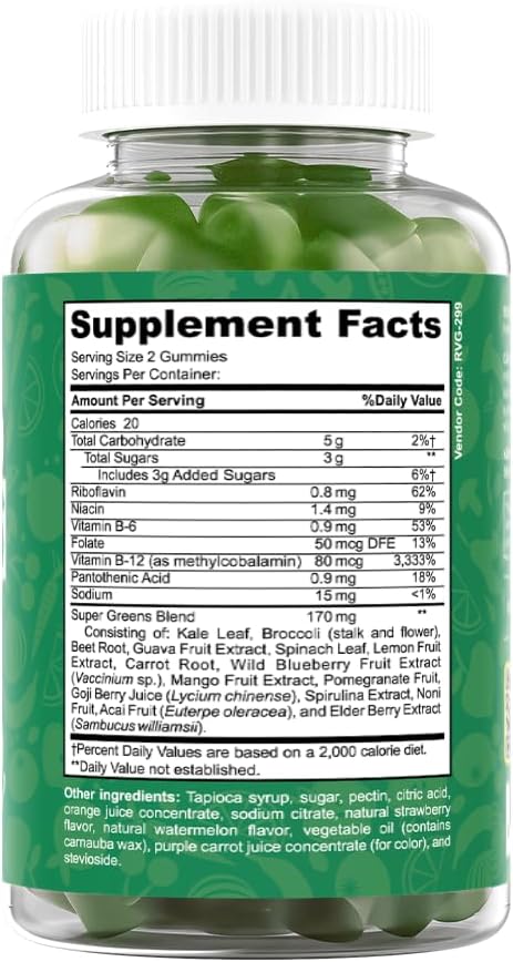 Super Greens Gummies - Green Superfoods Supplement with Spinach, Broccoli, Kale, Beet Root, Elderberry for Immunity Support - Fruit and Vegetable Supplement - Watermelon Flavor, 60 Gummies