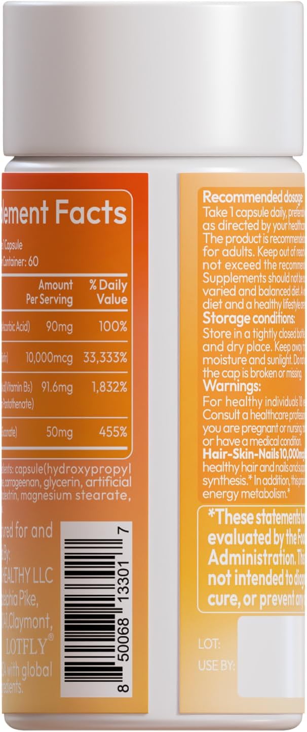 Biotin 10000 mcg with Zinc, Vitamin C & Calcium Pantothenate – Supports Healthy Hair Growth, Strong Nails & Glowing Skin for Women & Men | Made in The USA | 180 Vegan Capsules (6 Months Supply)