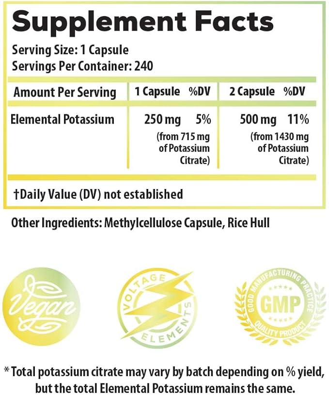 Voltage Elements Potassium Citrate 1430mg - Heart & Kidney Health, Electrolyte Balance, Nerve Function - Elemental Potassium 500mg (240 Capsules) Vegan