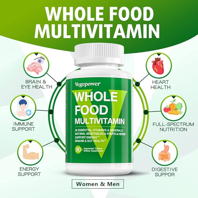 Vegan Whole Food Multivitamin with Iron, Daily Multivitamin for Men and Women, Methylated Multi Vitamins, B-Complex, Fruits & Vegetables, Enzymes, Omegas, Mushroom, Non-GMO, 90 Count