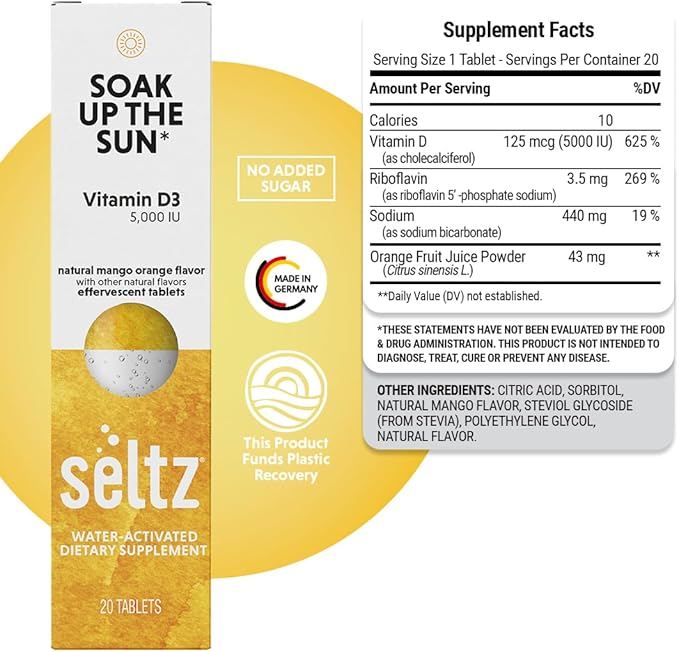 Seltz® Water-Activated Vitamins - Soak up The Sun with Vitamin D3 (5,000 IU) – Natural Mango Orange Flavor Dietary Supplement - 6 Packs x 20 Effervescent Tablets Each