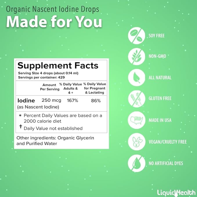 LIQUIDHEALTH USDA Organic Nascent Iodine Liquid Drops, Pure Iodine Supplement for Thyroid & Immune Support, Energy Supplement - Made in USA, Vegan, Colorless, Tasteless Tincture (2 oz)