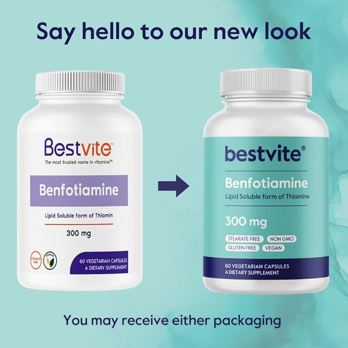 Benfotiamine 300mg (180 Vegetarian Capsules) (60x3) No Stearates - No Silicon Dioxide - Vegan - Non GMO - Gluten Free