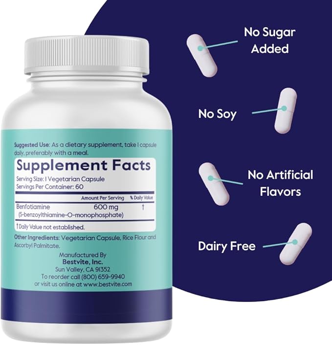 Ultra Benfotiamine 600mg per Capsule (120 Vegetarian Capsules) (60x2) No Stearates - No Silicon Dioxide - Vegan - Non GMO - Gluten Free - Maximum Strength Benfotiamine
