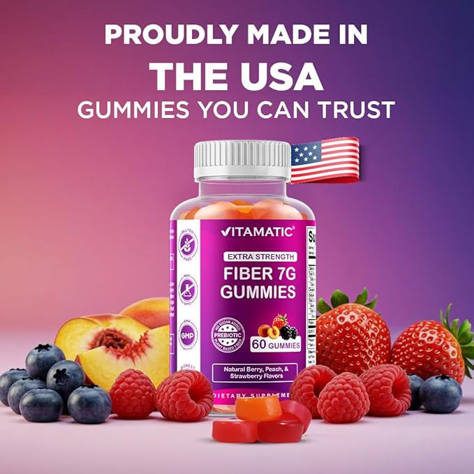 Vitamatic Prebiotic Fiber Gummies for Adults – 7g Fiber per Serving – 60 Pectin-Based Gummies Extra Strength, Zero Sugar Added – Supports Digestive Health & Regularity – Non-GMO, Vegan, Gluten-Free