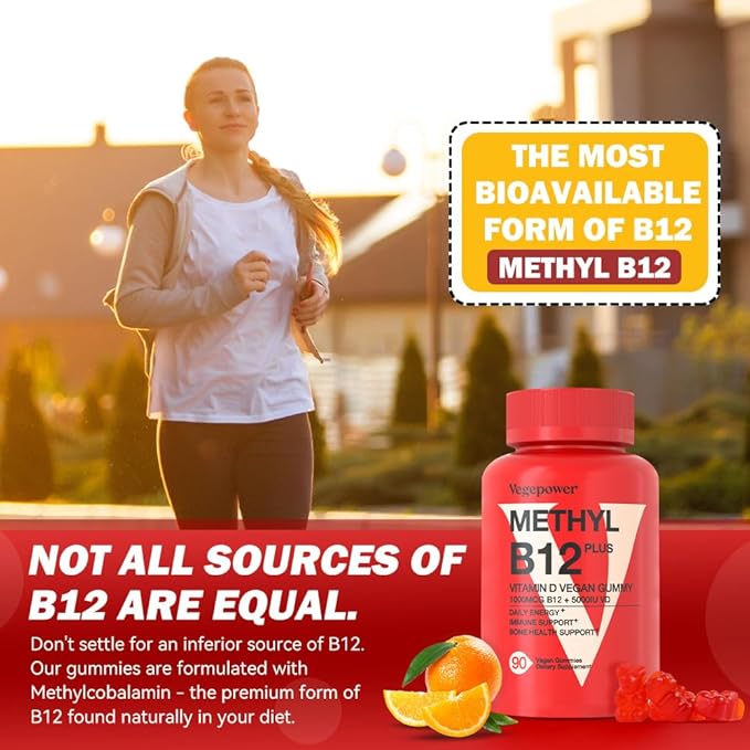Vegan Vitamin B12 Gummies with Vitamin D - 90 Count I 1000 MCG Methyl B12 & 5000 IU D3 Gummy Chewable Supplements for Adults & Kids - Supports Immune Health & Daily Energy Boost - Non-GMO, Orange
