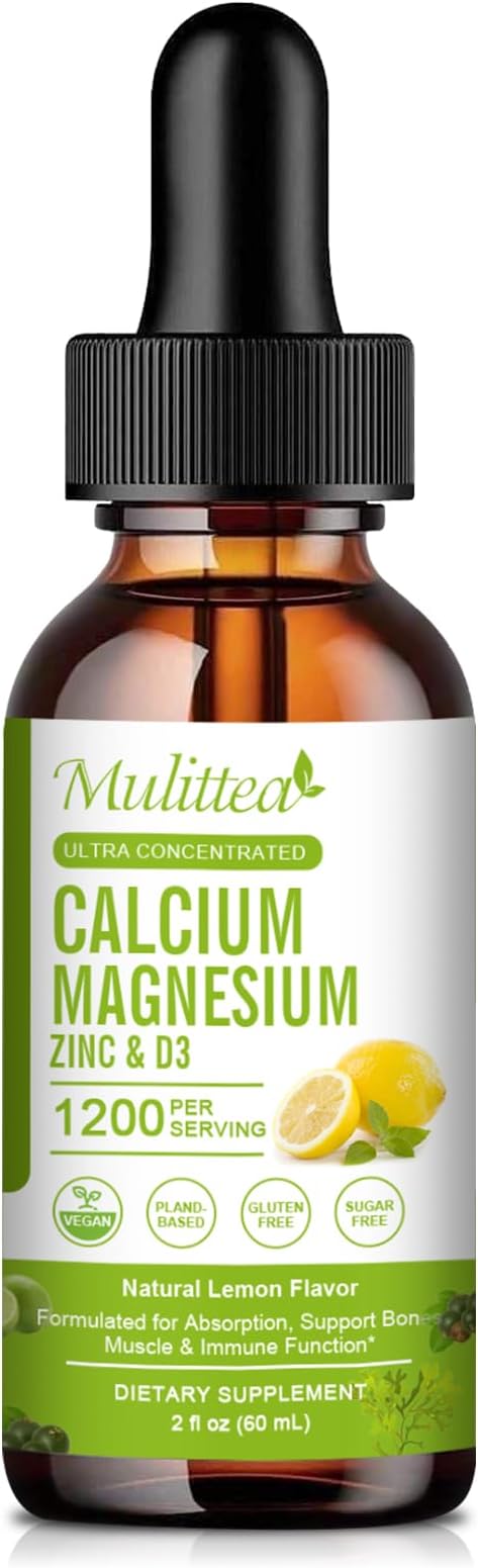 Calcium Magnesium Zinc Liquid with Vitamin D3, Magnesium Glycinate Plus Vitamin C K2| High Absorption Plant Calcium Supplement for Heart & Bone| Gluten Free,Sugar-Free | 30 Servings | Lemon Flavor