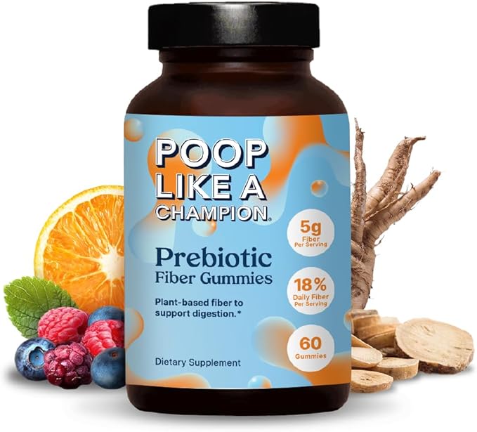 Poop Like a Champion Fiber Gummies – 5g Fiber per Serving, Non-GMO, Vegan, Digestive Support, 60 Pieces per Bottle