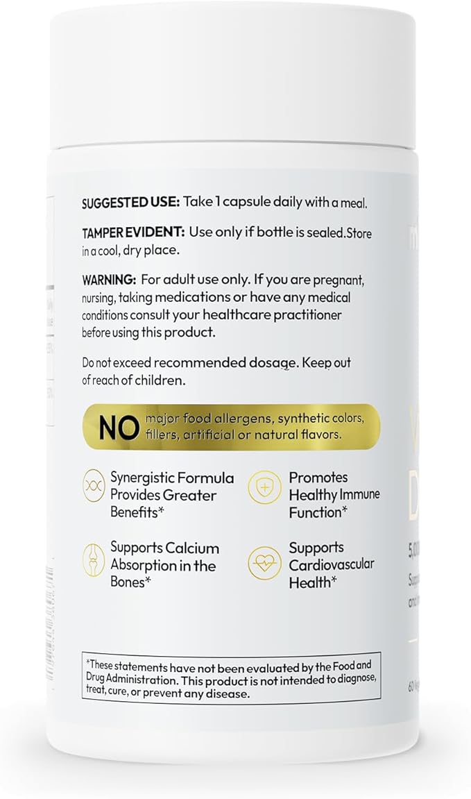 Mida Health® D3 K2 Vitamin 5000 IU with MK-7 | Natural Supplement for Bone, Heart, and Immune Support | Adult Vegan Capsules | 60 Servings