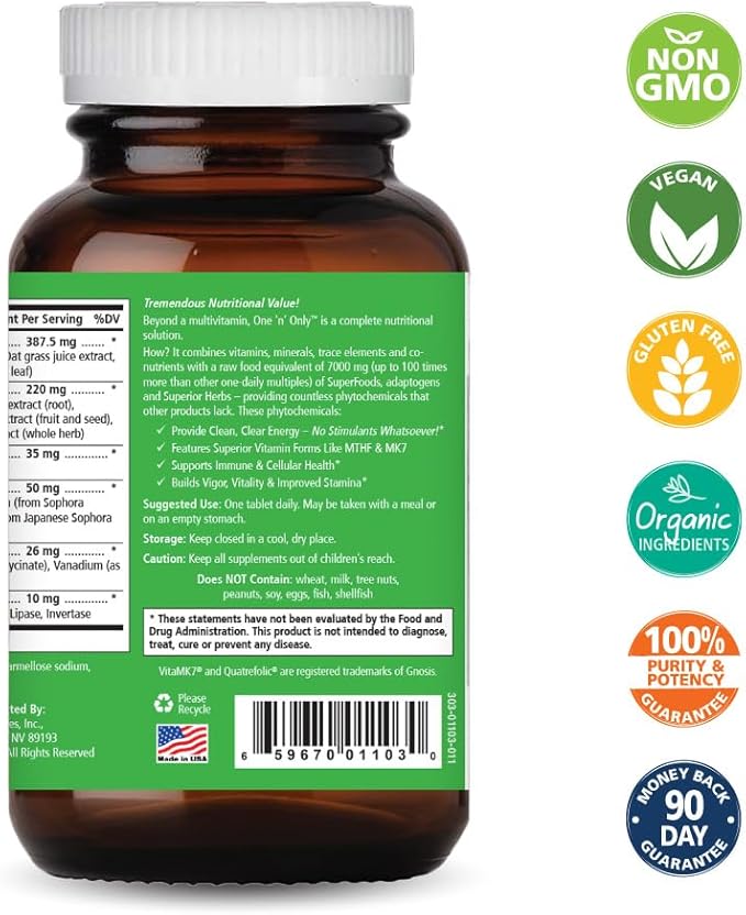 One n Only Whole Food Multivitamin by Pure Essence - Super Energetic Once a Day with Superfoods, Minerals, Enzymes, Vitamin D, D3, B12, Biotin - 30 Tablets