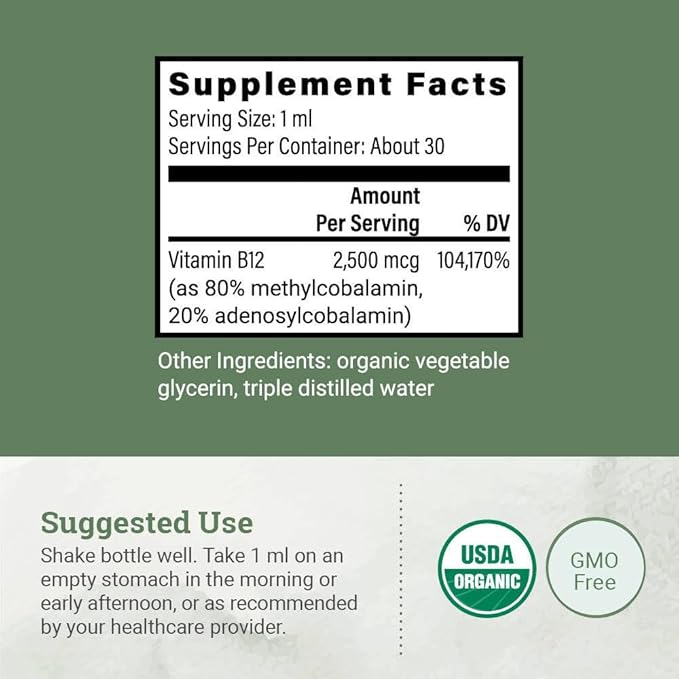 Organic Vegan Vitamin B12 Sublingual Liquid Supplement - 2500mcg Methylcobalamin Drops for Natural Energy, Metabolism Health and Immune System Support - 1 Fl Oz