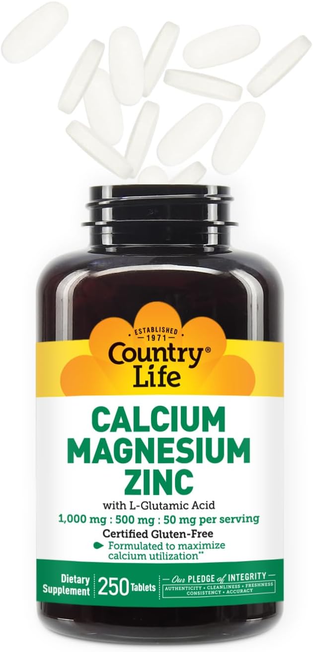 Country Life Calcium Magnesium Zinc with L-Glutamic Acid, Dietary Supplement for Bone Support, Certified Gluten Free, 1000mg/500mg/50mg, 250 Tablets