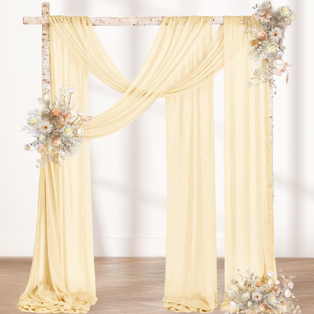 MLMW Wedding Arch Draping Fabric 4 Panels 29" x 20Ft Champagne Sheer Wedding Arch Backdrop Drapes Outdoor Curtain for Ceremony Party Background Ceiling Decor