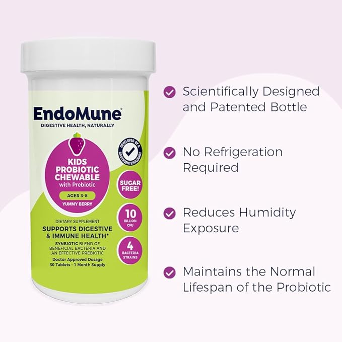 EndoMune Jr Advanced Kids Probiotic and Prebiotic | 10 Billion CFUs | 4 Strains Bacteria and FOS Prebiotic | Physician Formulated | 30 Chewable Tablets