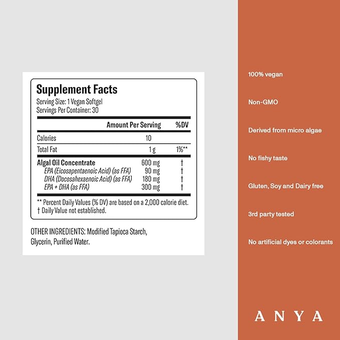 ANYA Omega-3 with 300mg of DHA and EPA, Clean Ingredients, Non-GMO, 100% Vegan, Gluten, Soy, and Dairy Free. Baby Shower Gifts & Breastfeeding, Postnatal Supplement, Lactation Support