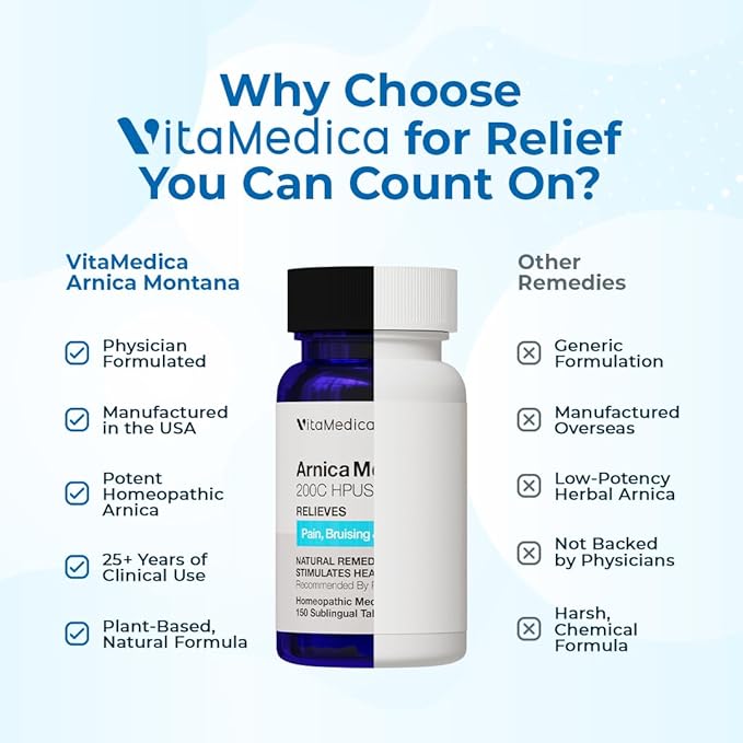 VitaMedica Arnica Montana 200C Rapid Dissolve Tablets for Natural Pain, Bruising, and Swelling Support - High Potency Homeopathic Medicine for Injury and Surgery Recovery - 150 Ct - 50 Servings