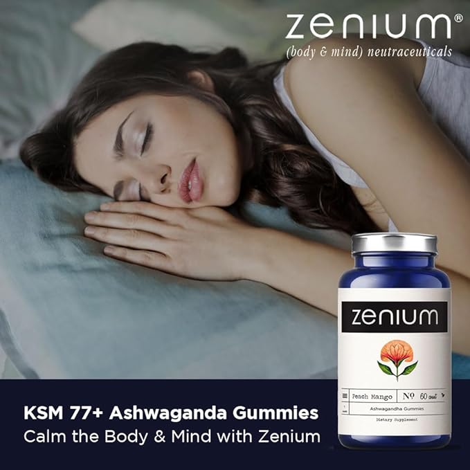 Zenium - Relieve Stress, Tension, Worry, Nervousness, & Irritability | Calm The Mind & Body | Ayurvedic | Natural Relief Supplement | Boosts Mood | Ashwagandha Gummies (Mango) | 60 Count
