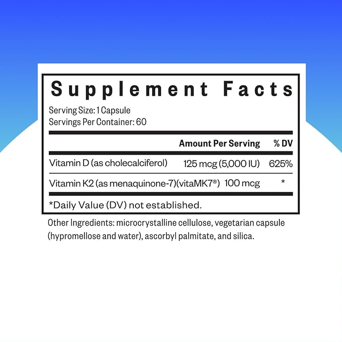 Vitamin D3 + K2 | 5000 IU of D3 (as cholecalciferol) for Optimal Calcium Absorption | 100 mcg of K2 (as menaquinone-7) for Circulatory Health | Supports Bone & Immune Health | 60 Vegetarian Capsules