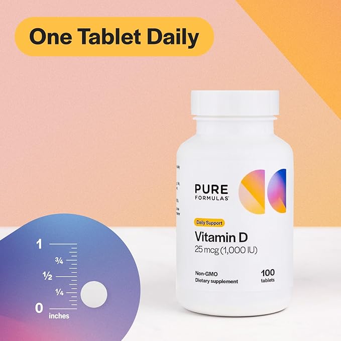 PureFormulas Vitamin D3 1,000 IU 25 mcg - Premium Vitamin D Supplement for Healthy Bone Formation, Teeth, Cardiovascular Health, and Immune Support Non-GMO - 100 Count Tablets