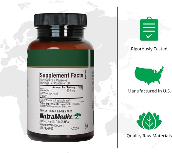 NutraMedix Quercetin - Quercetin 500mg Capsules - Antioxidant & Immune Support Supplement for Heart Health - Aids in Zinc & Vitamin C Absorption (120 Vegetarian Capsules)