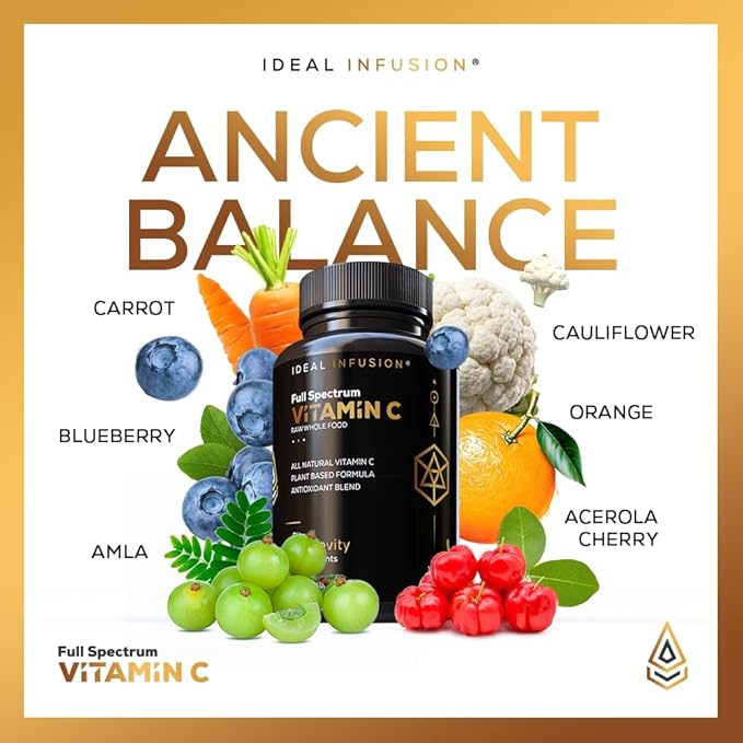 Ideal Infusion Raw Whole Food Vitamin C Complex: Organic Vitamin C from Oranges and Berries with Natural Food Based Bioflavanoids (60 Servings) No Synthetic Ascorbic Acid