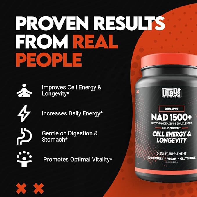 UTOYA NAD 1500+ Nicotinamide Riboside Supplements - Trans-Resveratrol Supplement Supports Cellular Energy Metabolism & Repair, Vitality, Healthy Aging - Vegan/Gluten Free - 90 Capsules