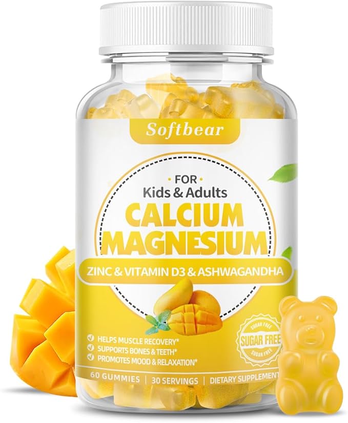 softbear Calcium Magnesium Zinc Gummies for Women, High Absorption Calcium Magnesium Supplement Chewable Calcium 600 mg for Bone Strength Vegan Mango Flavor 60 Gummies
