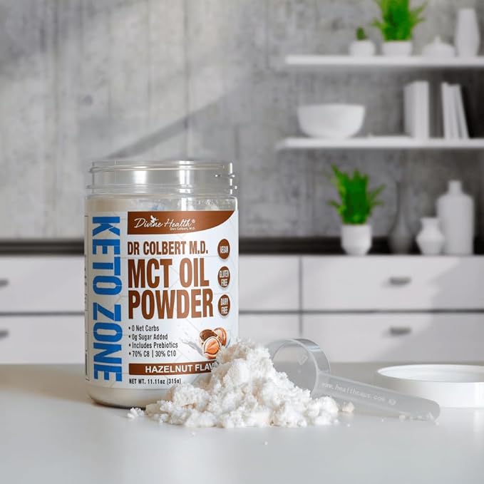 Divine Health Dr. Colbert, MD MCT Oil Powder | Hazelnut Flavor Recommended in Keto Zone Diet Book | Coffee Creamer | 70% C8 30% C10 | 0 Net Carbs | 30 Day Supply | 330 G