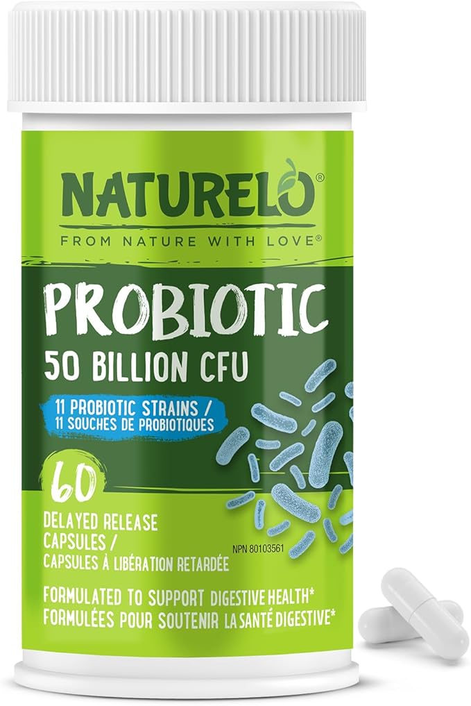 NATURELO Probiotics for Digestive Health - 50 Billion CFU, 11 Strains Daily Supplement - Boosts Immune System, Delayed Release, 60 Vegetarian Capsules