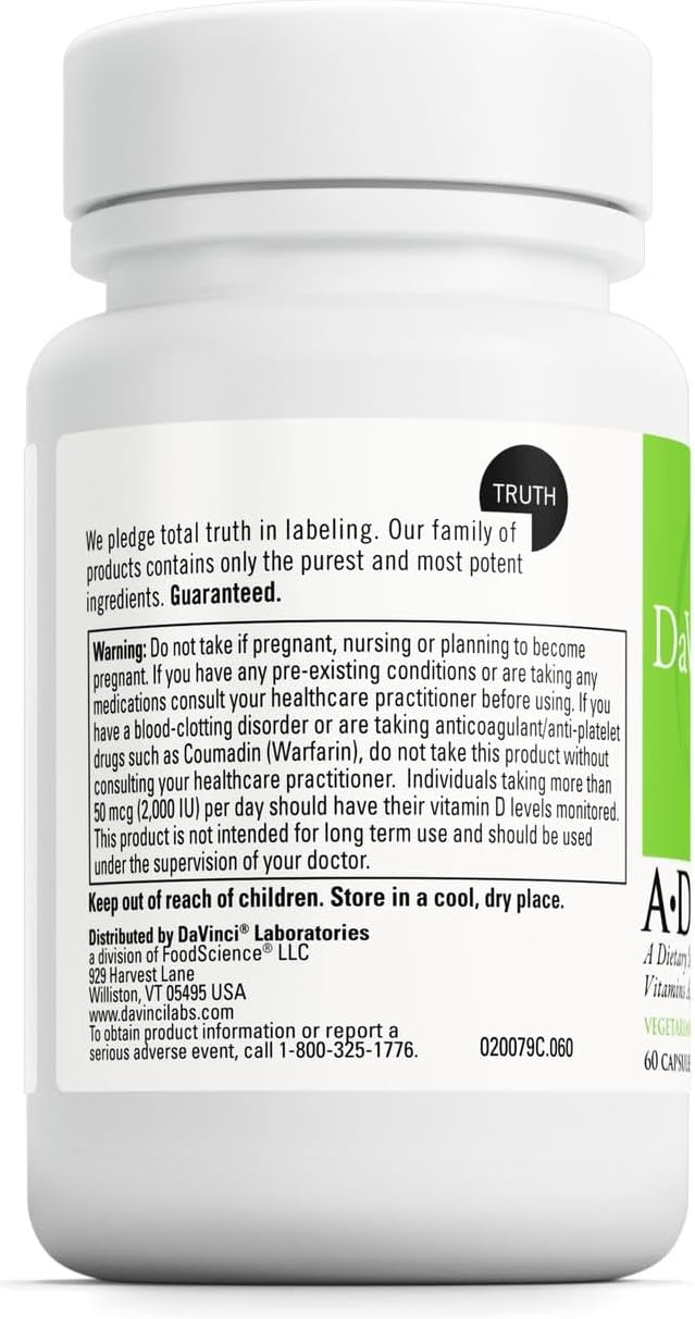 DAVINCI Labs ADK - Helps Support Bone, Heart & Immune Health - Dietary Supplement with Vitamins A, D3 & K2 (as MK-7) - Vegetarian, Gluten Free & Soy Free - 60 Capsules