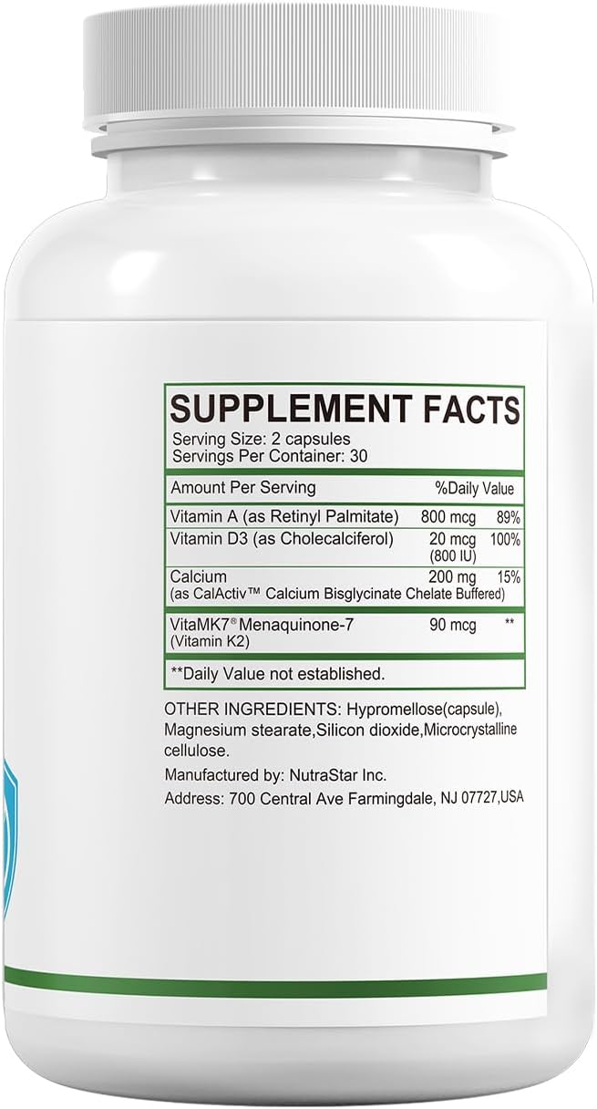 HUJ ADK Supplement, 60 Capsules, Calcium, Vitamins A, D3, K2 (MK-7)