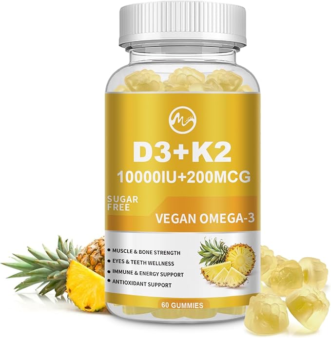 Vitamin D3 K2 Gummies, Vitamin D3 10000IU, K2 (MK-7) 200mcg, 6-in-1 Vitamina D3 Con K2 Supplement with Omega-3, Magnesium, Calcium and Zinc for Bones, Teeth & Immune Support, Sugar Free, 1 Pack